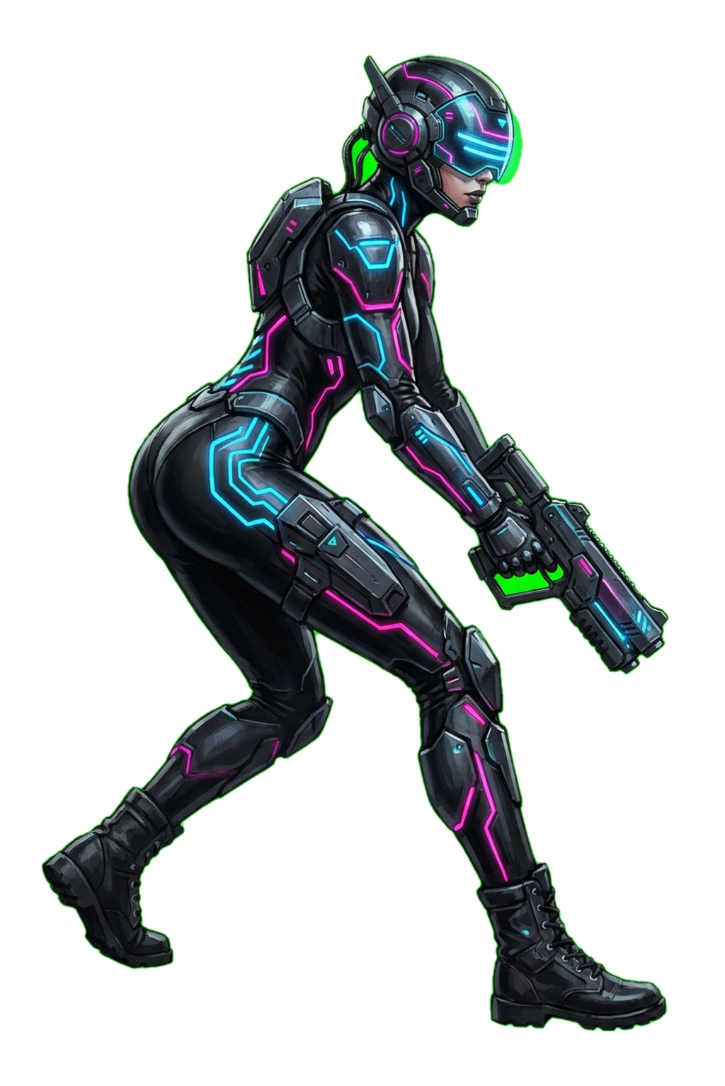 Cyberpunk Assassin — stealth nano-suit with plasma blade, shadow infiltrator