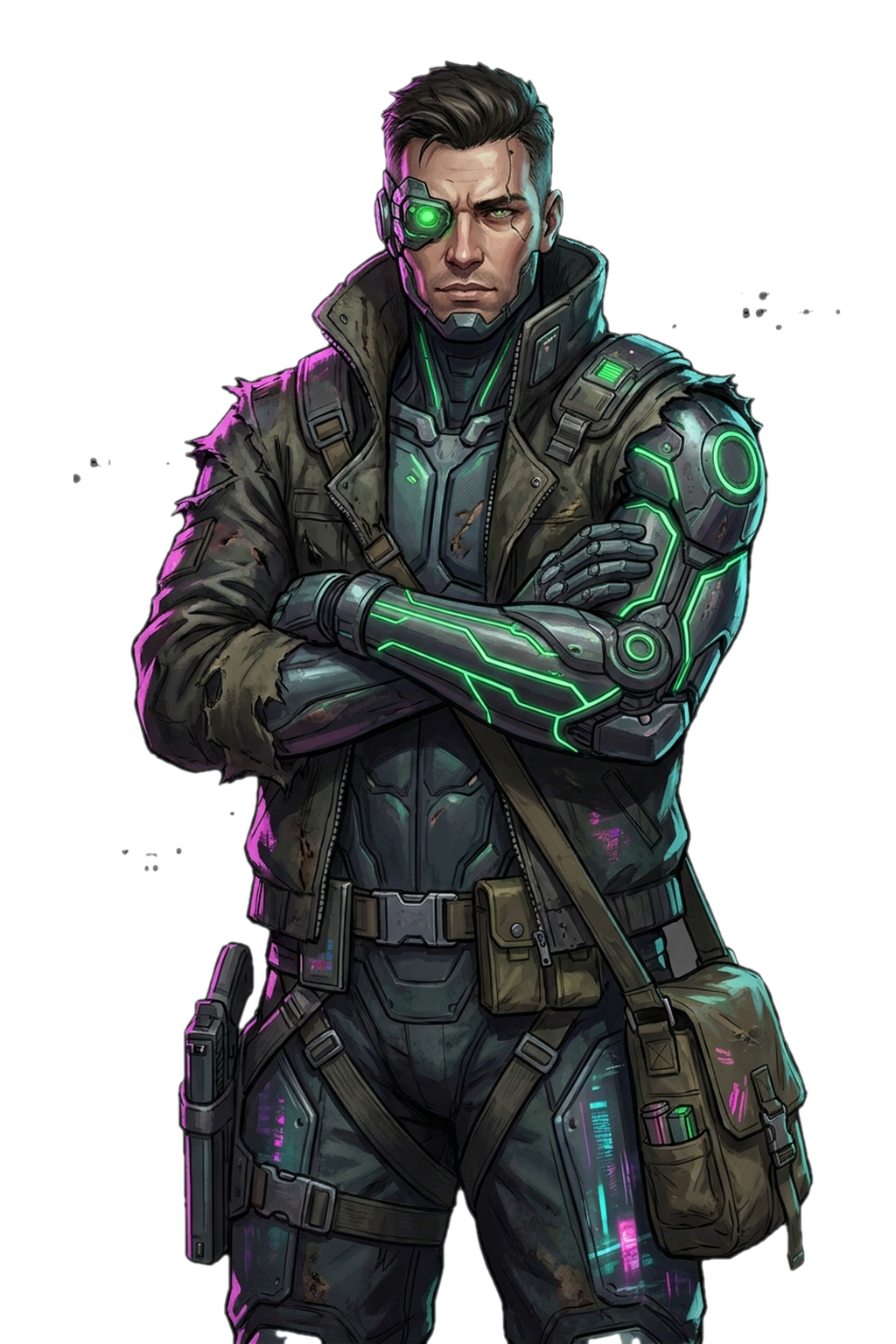 Cyberpunk Mercenary — heavy cybernetic armor, battle-scarred elite mercenary