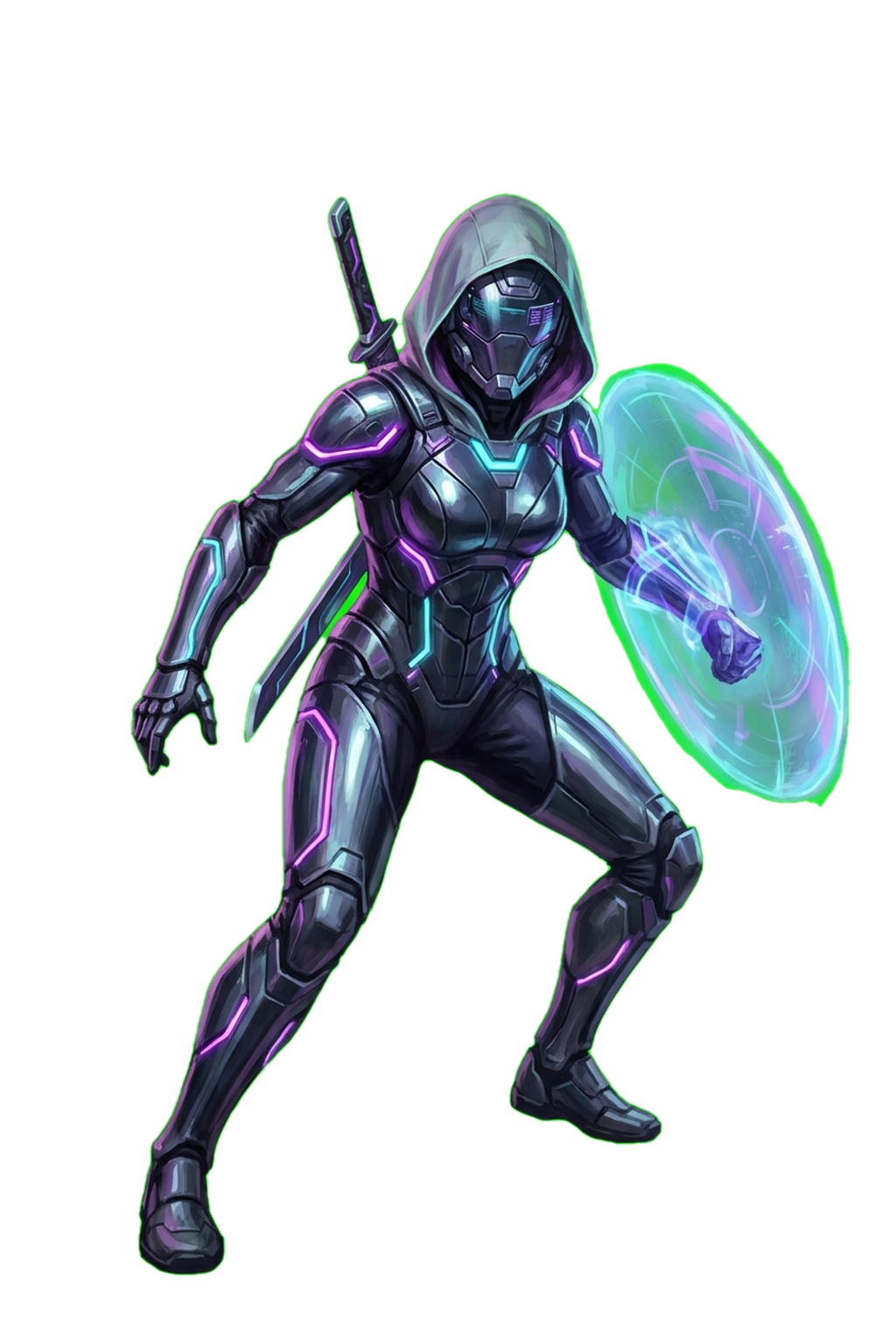 Cyberpunk Scout — lightweight sci-fi armor with neon accents, agile recon operative